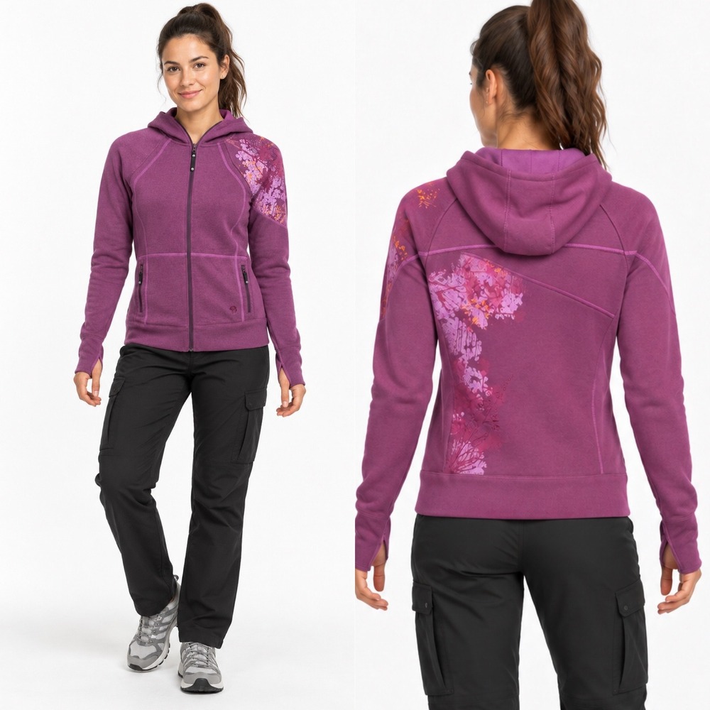 Mountain Hardwear Full Zip Hoodie Medium Purple Floral Graphic Thumbhole Fleece